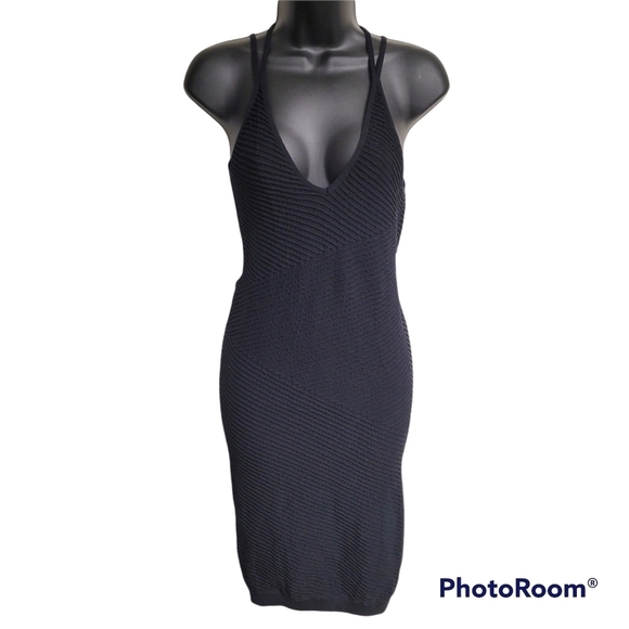 BCBGeneration Black Textured Strappy Back Bodycon V-neck Dress Size M/L - Picture 11 of 12